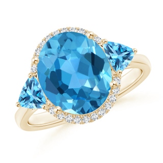 11x9mm AAA Oval & Trillion Swiss Blue Topaz Cocktail Ring in Yellow Gold