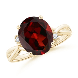 11x9mm AAA Garnet Crossover Shank Cocktail Ring with Floral Motifs in Yellow Gold