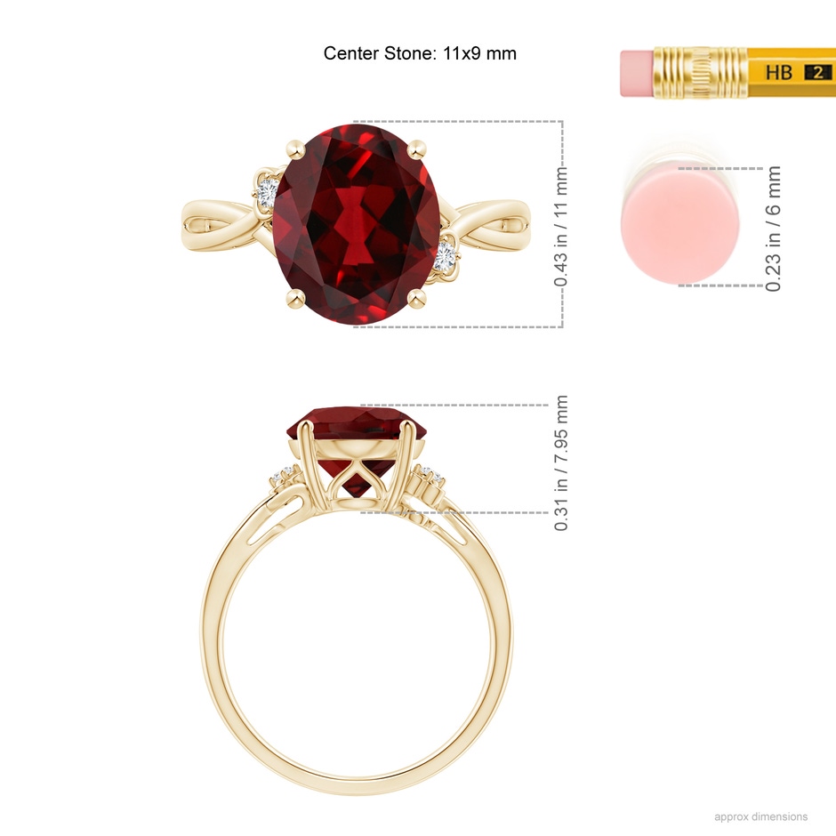 11x9mm AAAA Garnet Crossover Shank Cocktail Ring with Floral Motifs in Yellow Gold ruler