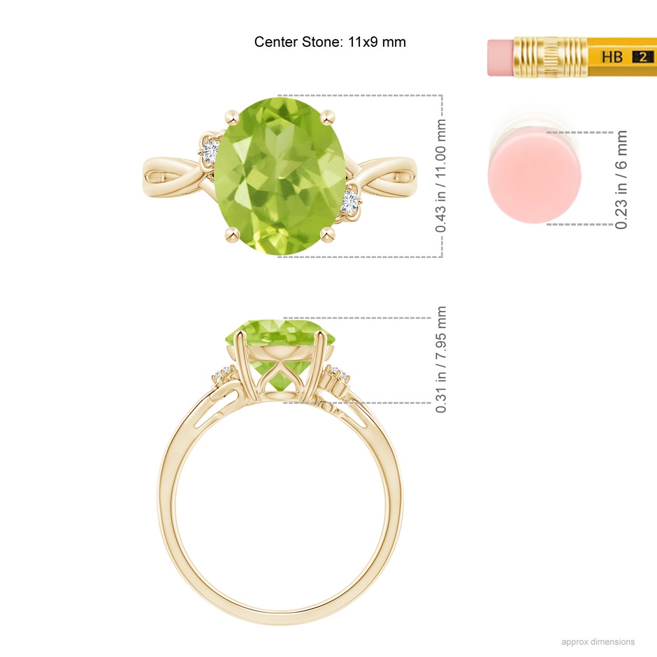 11x9mm AA Peridot Crossover Shank Cocktail Ring with Floral Motifs in Yellow Gold ruler