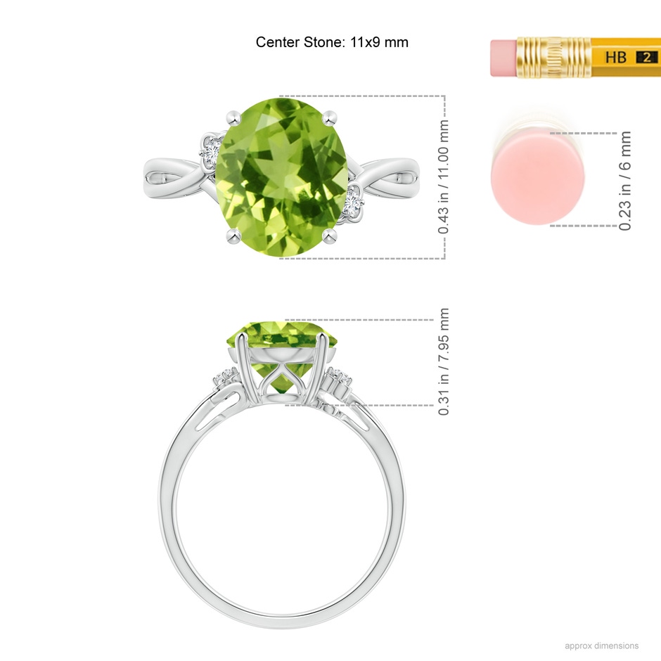 11x9mm AAA Peridot Crossover Shank Cocktail Ring with Floral Motifs in White Gold ruler