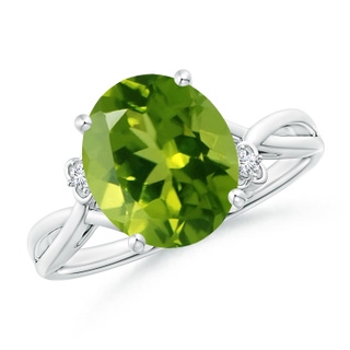 11x9mm AAAA Peridot Crossover Shank Cocktail Ring with Floral Motifs in White Gold