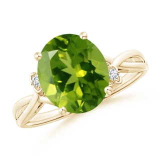 11x9mm AAAA Peridot Crossover Shank Cocktail Ring with Floral Motifs in Yellow Gold