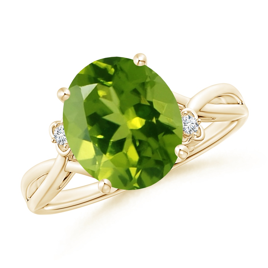 11x9mm AAAA Peridot Crossover Shank Cocktail Ring with Floral Motifs in Yellow Gold 