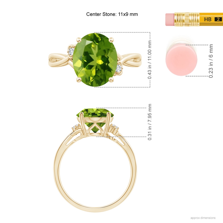 11x9mm AAAA Peridot Crossover Shank Cocktail Ring with Floral Motifs in Yellow Gold ruler