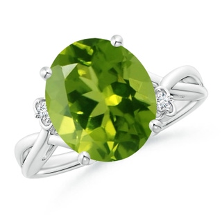 12x10mm AAAA Peridot Crossover Shank Cocktail Ring with Floral Motifs in P950 Platinum