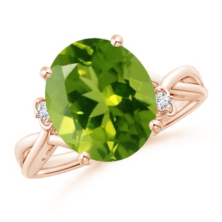 12x10mm AAAA Peridot Crossover Shank Cocktail Ring with Floral Motifs in Rose Gold