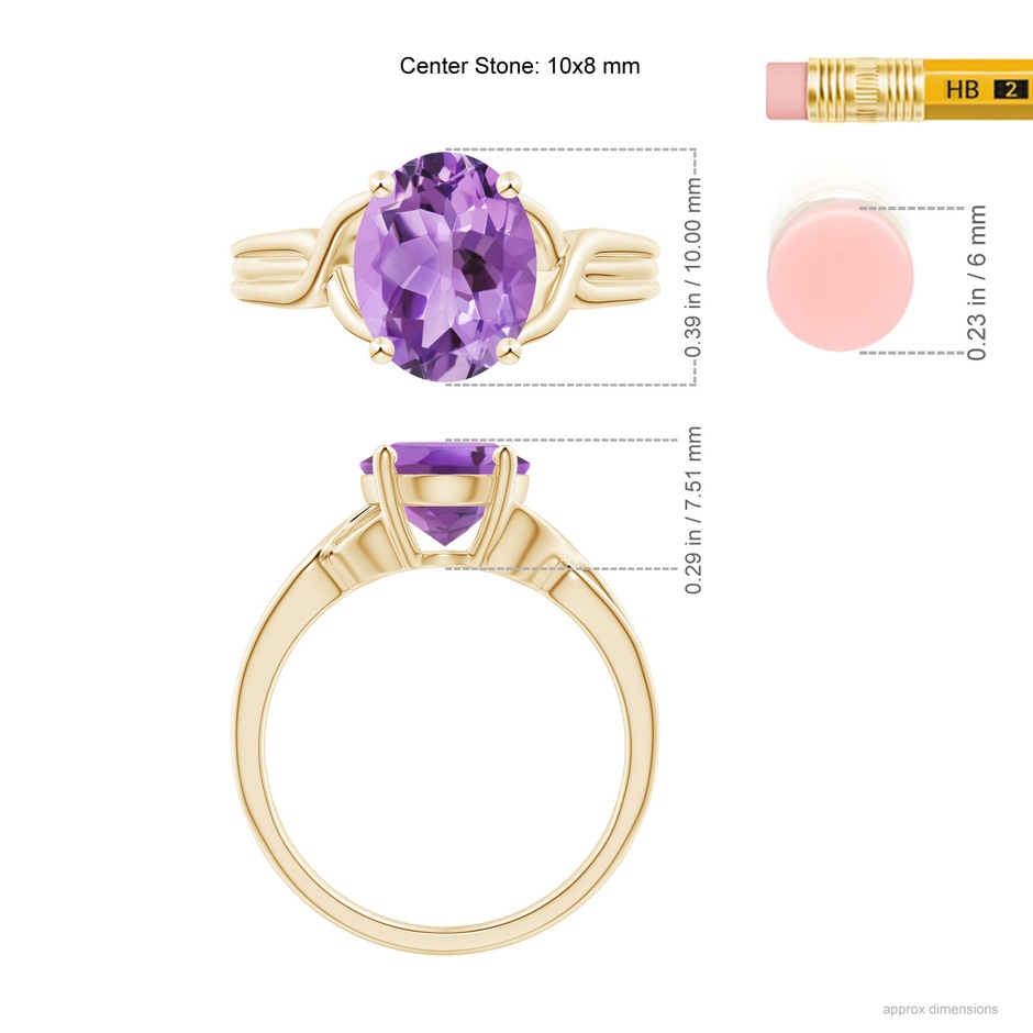 10x8mm A Classic Oval Amethyst Criss-Cross Cocktail Ring in Yellow Gold ruler