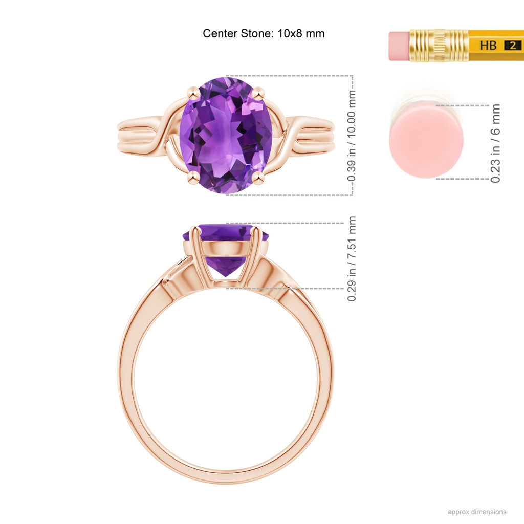 10x8mm AAA Classic Oval Amethyst Criss-Cross Cocktail Ring in Rose Gold Ruler