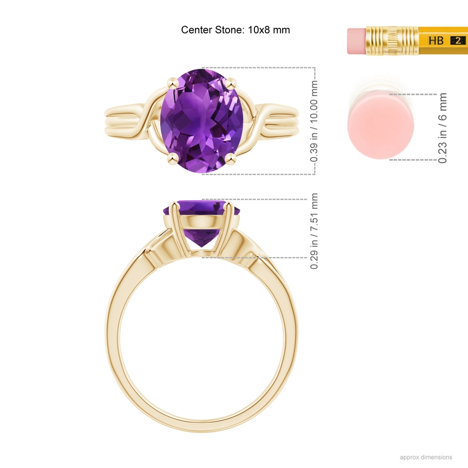 10x8mm AAAA Classic Oval Amethyst Criss-Cross Cocktail Ring in Yellow Gold ruler