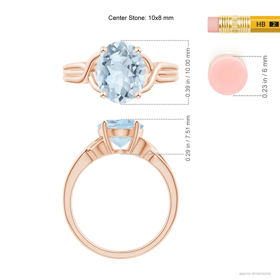 10x8mm A Classic Oval Aquamarine Criss-Cross Cocktail Ring in 18K Rose Gold ruler