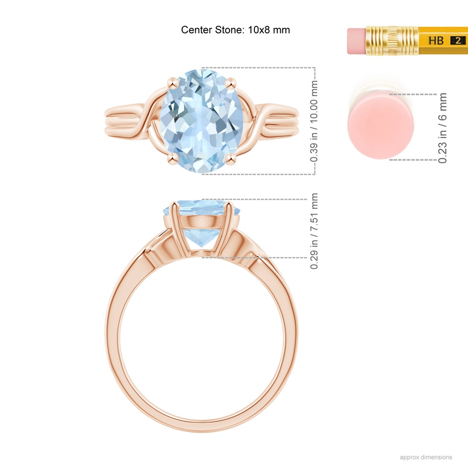 10x8mm AA Classic Oval Aquamarine Criss-Cross Cocktail Ring in Rose Gold ruler