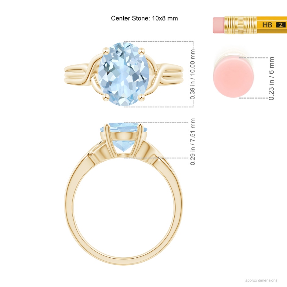 10x8mm AA Classic Oval Aquamarine Criss-Cross Cocktail Ring in Yellow Gold ruler