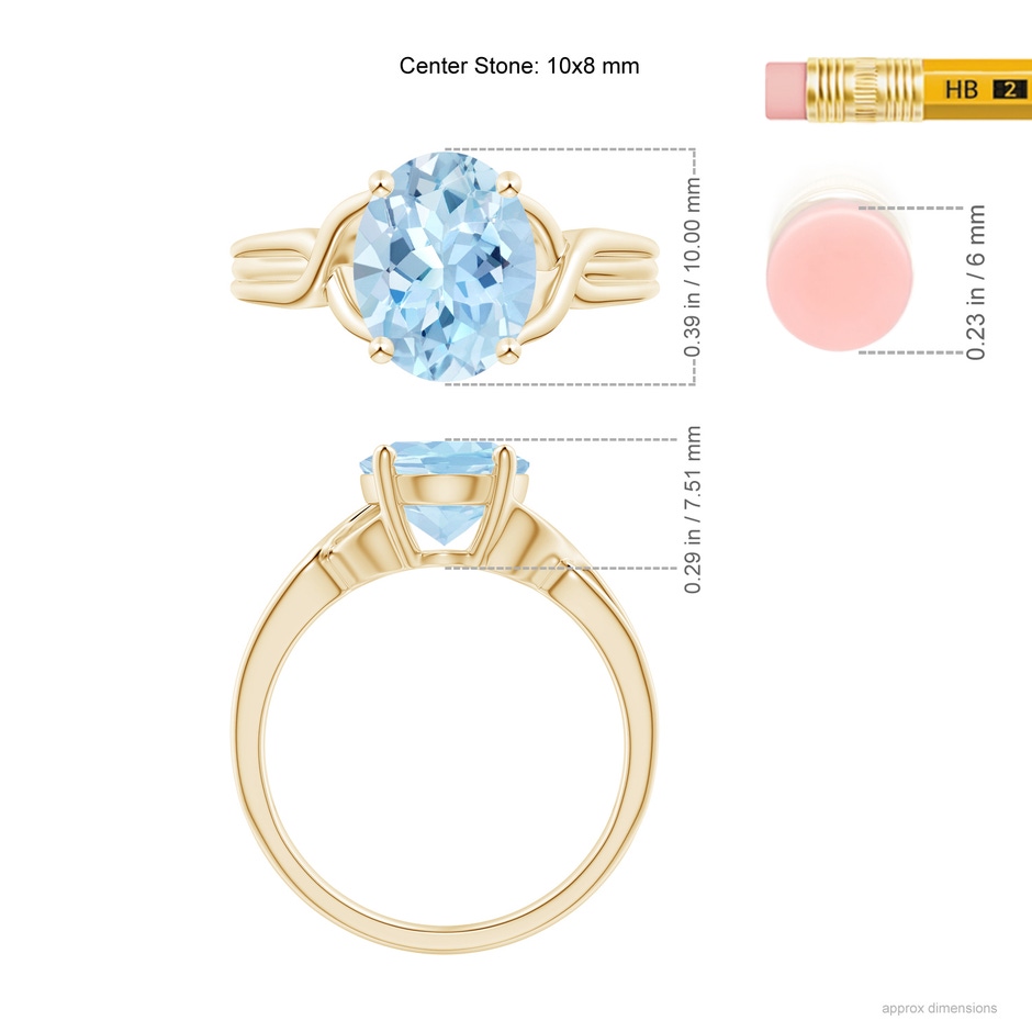 10x8mm AAA Classic Oval Aquamarine Criss-Cross Cocktail Ring in Yellow Gold ruler