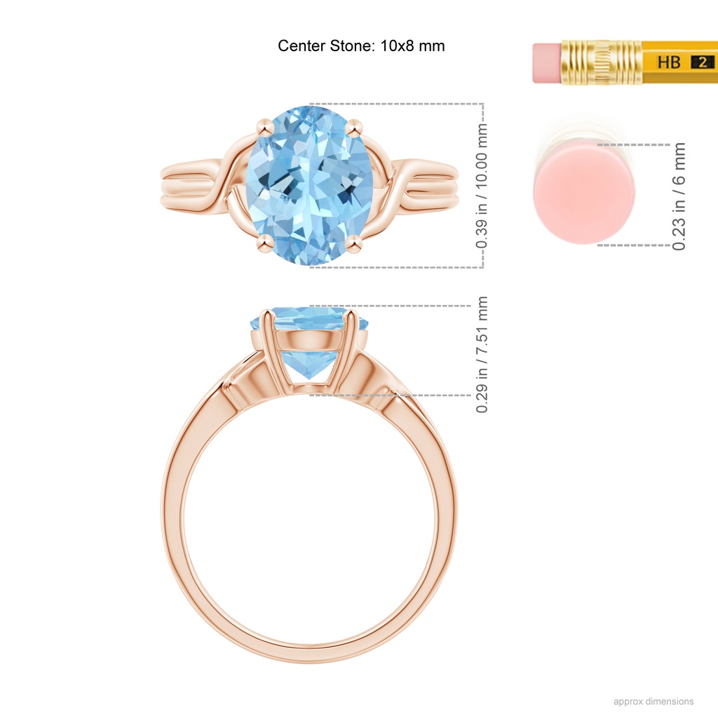 10x8mm AAAA Classic Oval Aquamarine Criss-Cross Cocktail Ring in Rose Gold Ruler