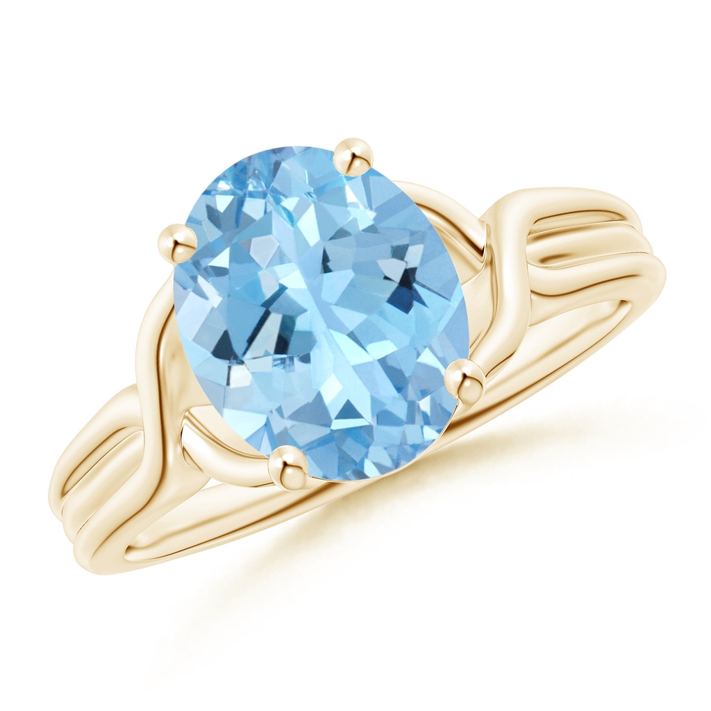 10x8mm AAAA Classic Oval Aquamarine Criss-Cross Cocktail Ring in Yellow Gold