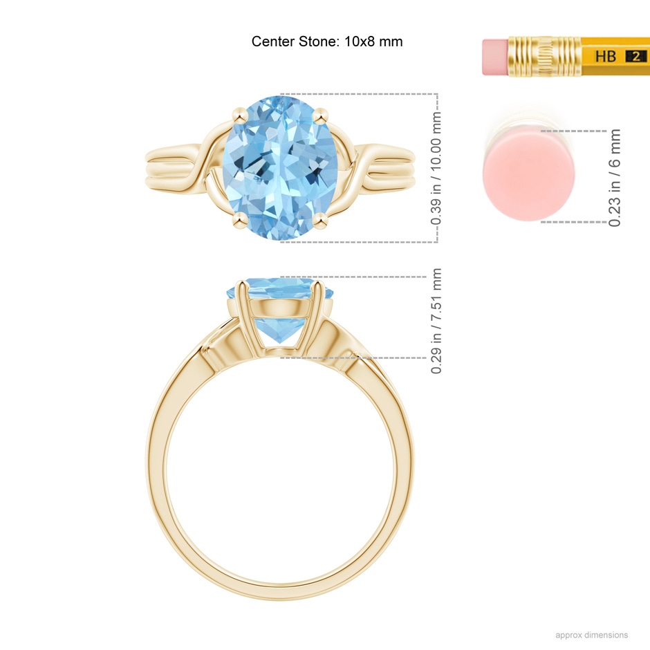 10x8mm AAAA Classic Oval Aquamarine Criss-Cross Cocktail Ring in Yellow Gold ruler