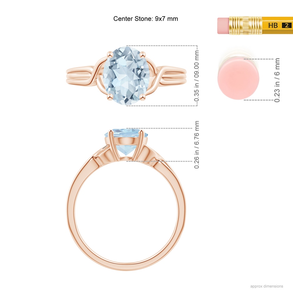 9x7mm A Classic Oval Aquamarine Criss-Cross Cocktail Ring in Rose Gold ruler