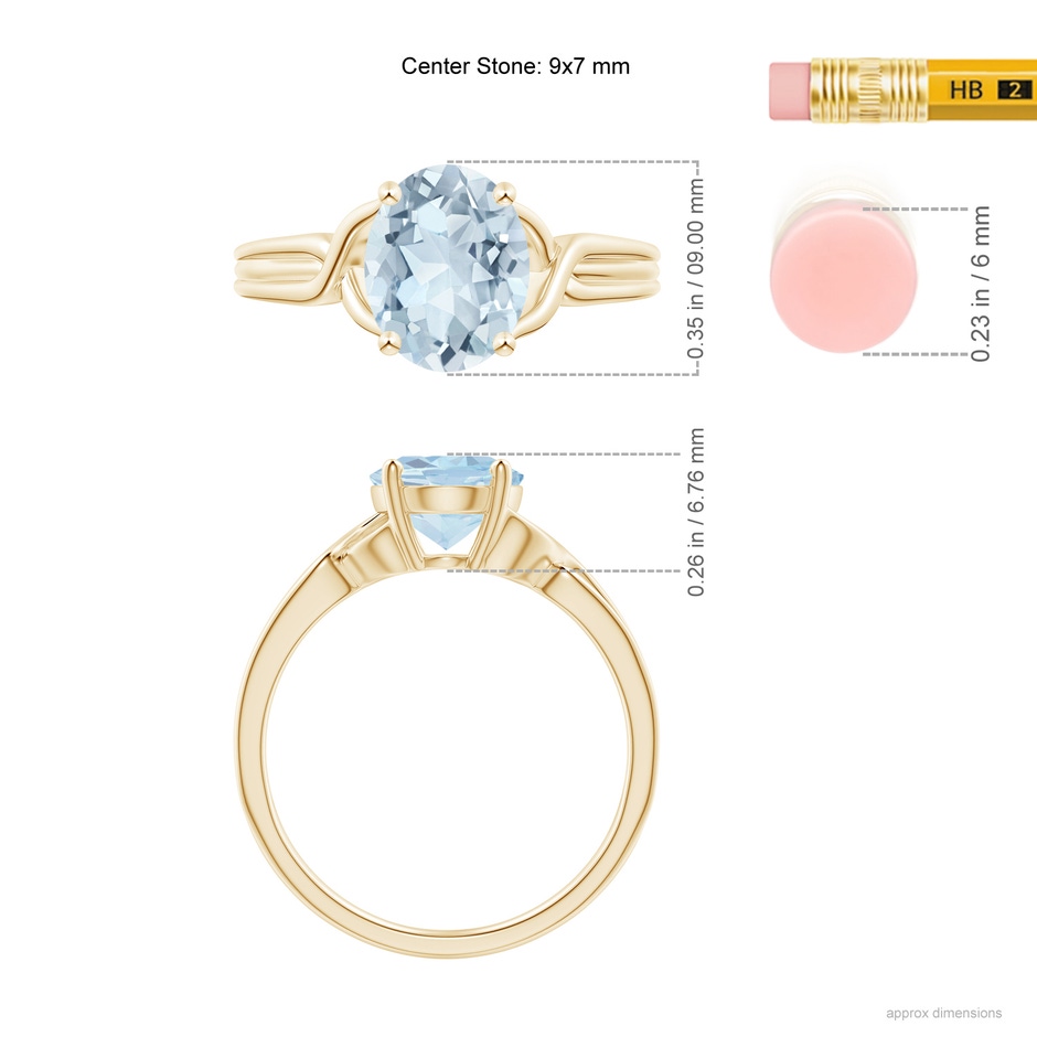 9x7mm A Classic Oval Aquamarine Criss-Cross Cocktail Ring in Yellow Gold ruler