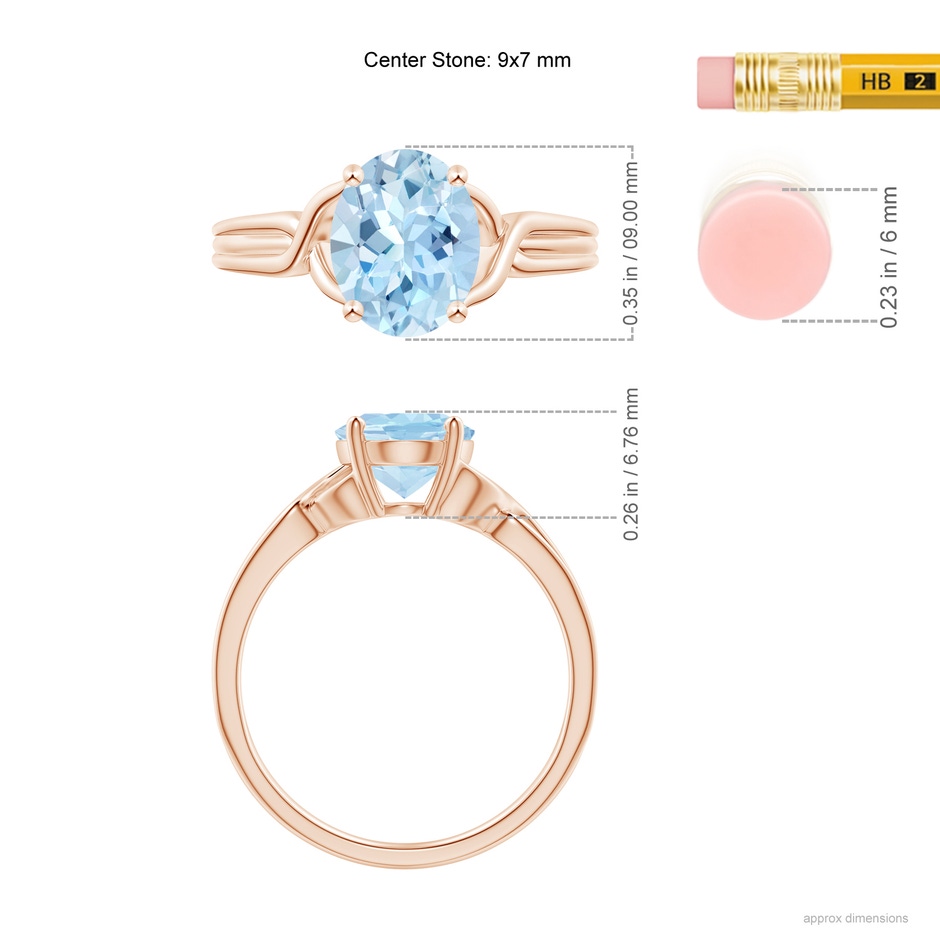 9x7mm AAA Classic Oval Aquamarine Criss-Cross Cocktail Ring in Rose Gold ruler
