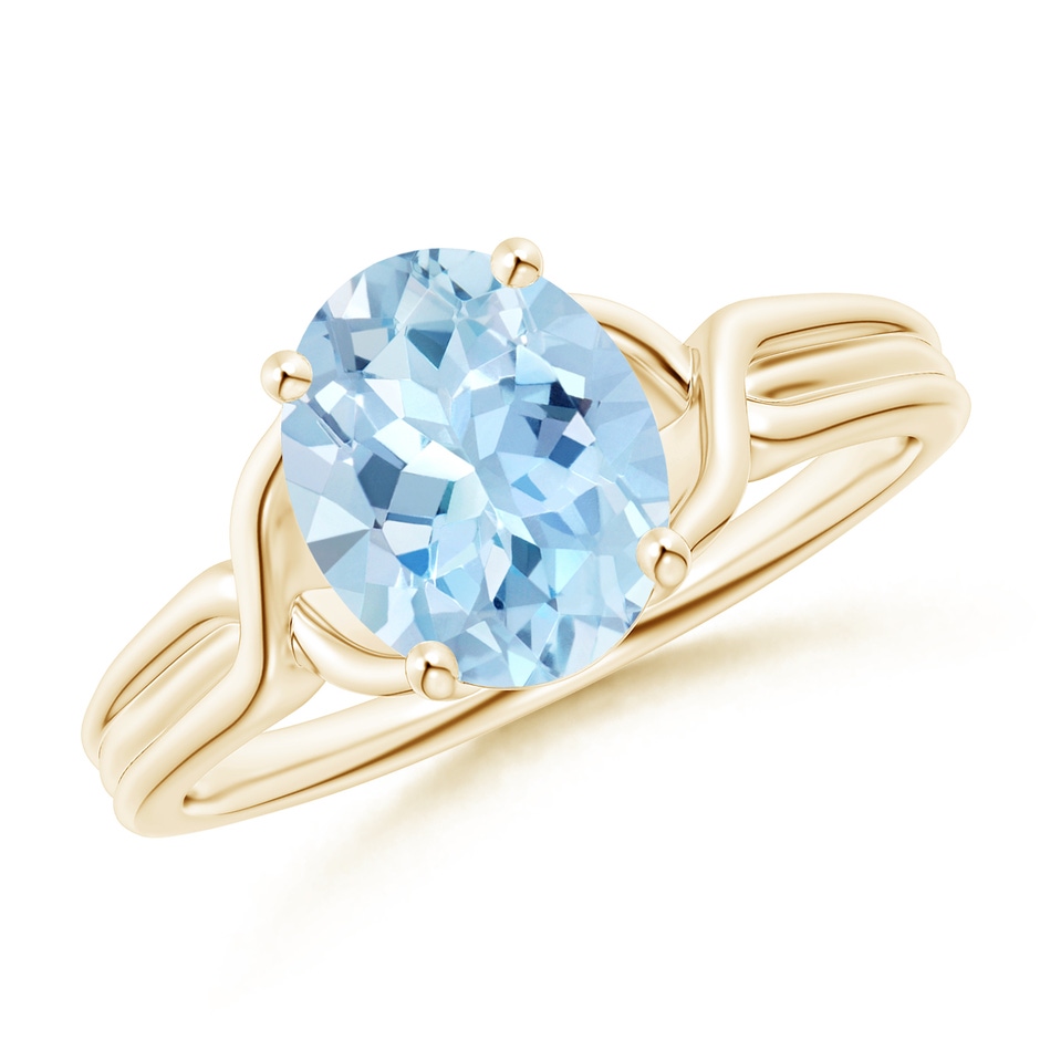 9x7mm AAA Classic Oval Aquamarine Criss-Cross Cocktail Ring in Yellow Gold 