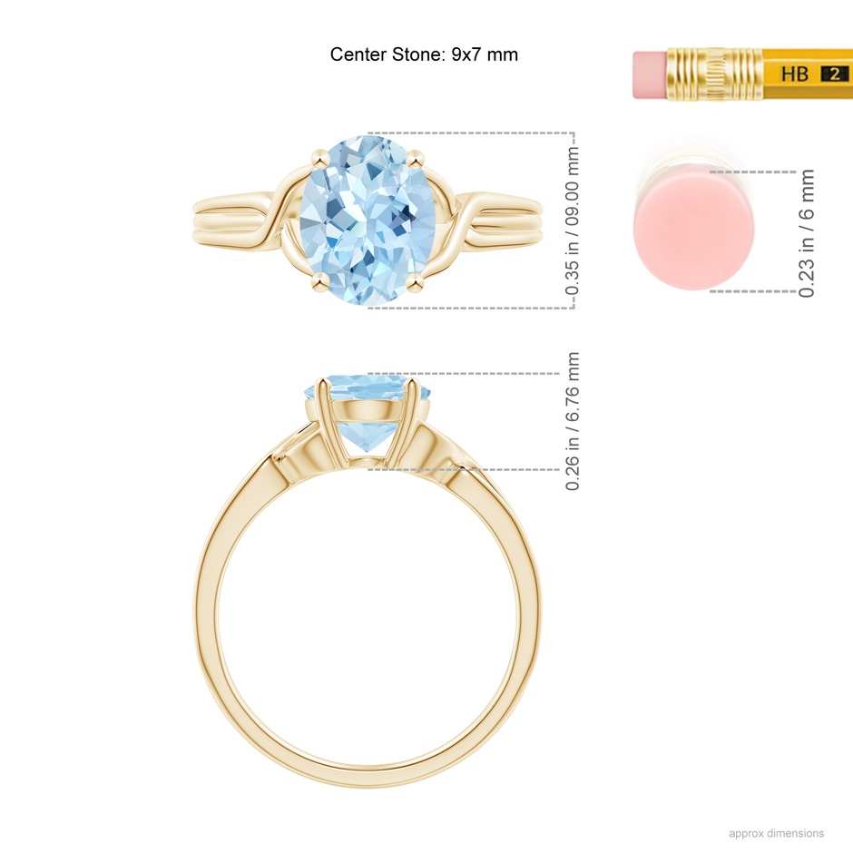 9x7mm AAA Classic Oval Aquamarine Criss-Cross Cocktail Ring in Yellow Gold ruler