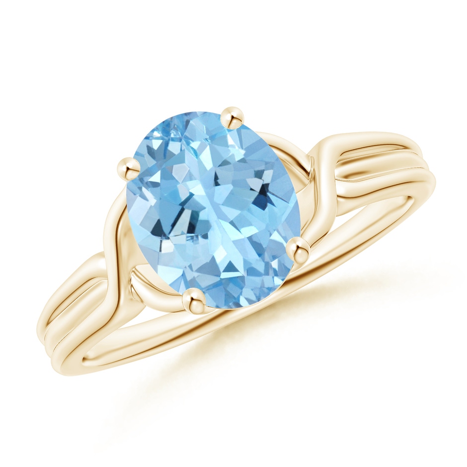9x7mm AAAA Classic Oval Aquamarine Criss-Cross Cocktail Ring in Yellow Gold 