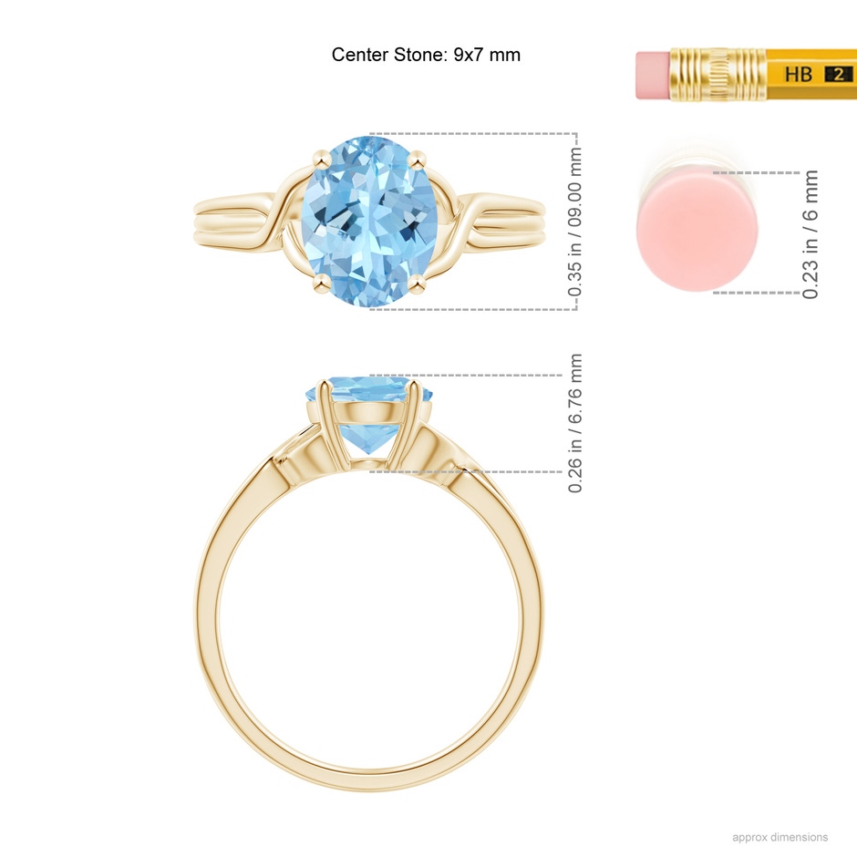 9x7mm AAAA Classic Oval Aquamarine Criss-Cross Cocktail Ring in Yellow Gold ruler