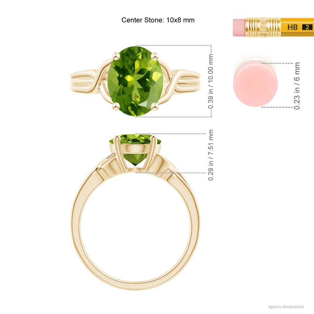 10x8mm AAAA Classic Oval Peridot Criss-Cross Cocktail Ring in Yellow Gold Ruler