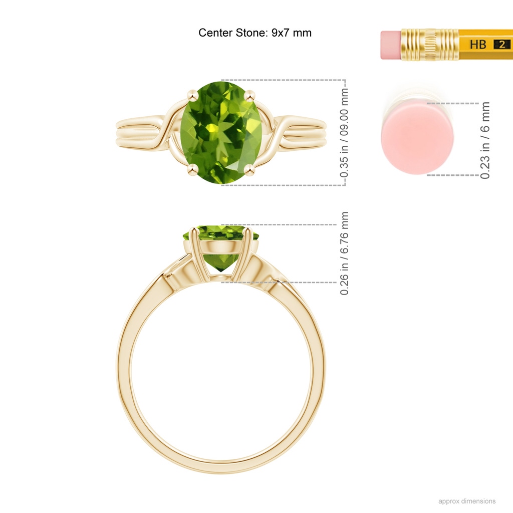 9x7mm AAAA Classic Oval Peridot Criss-Cross Cocktail Ring in Yellow Gold Ruler