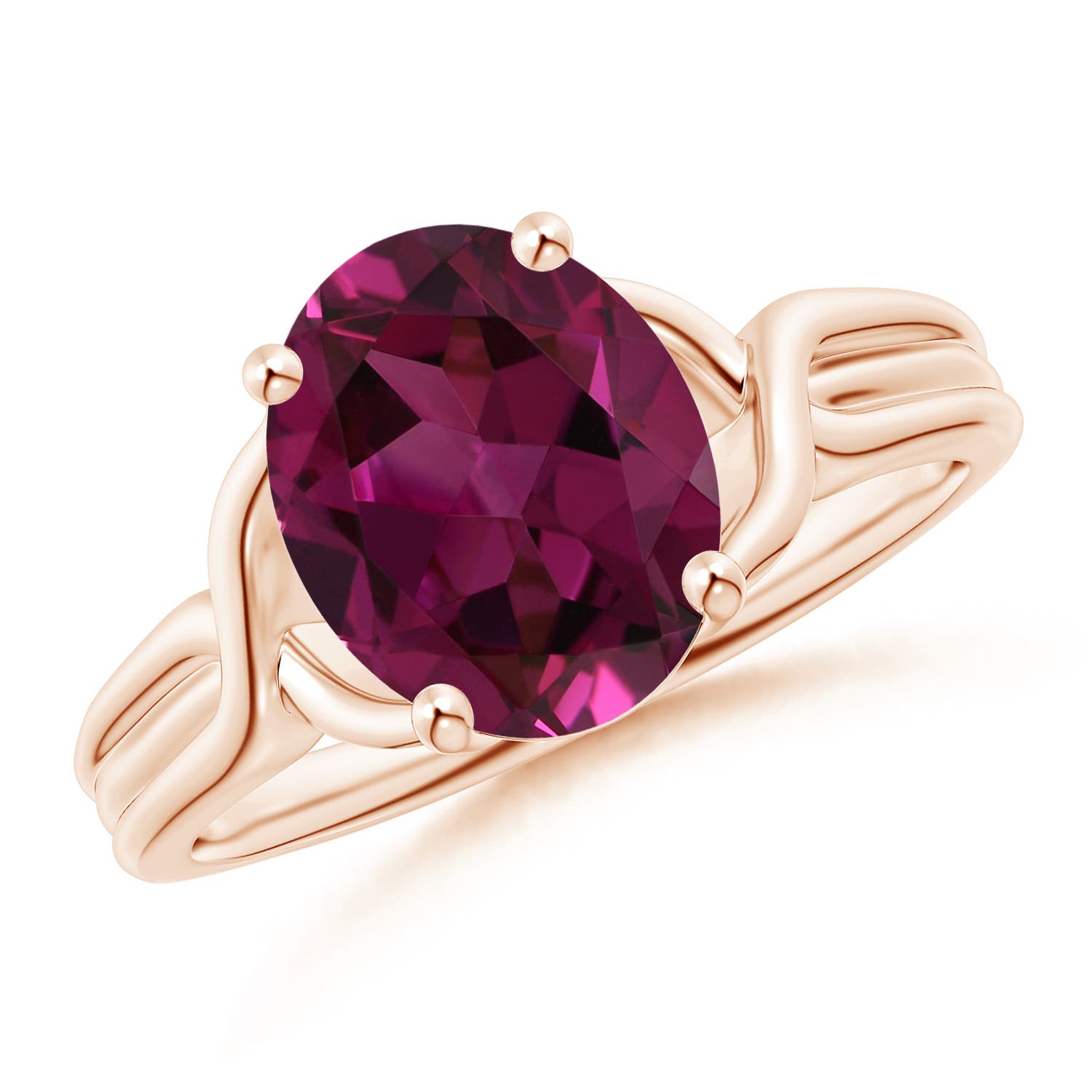10x8mm AAAA Classic Oval Rhodolite Criss-Cross Cocktail Ring in 18K Rose Gold
