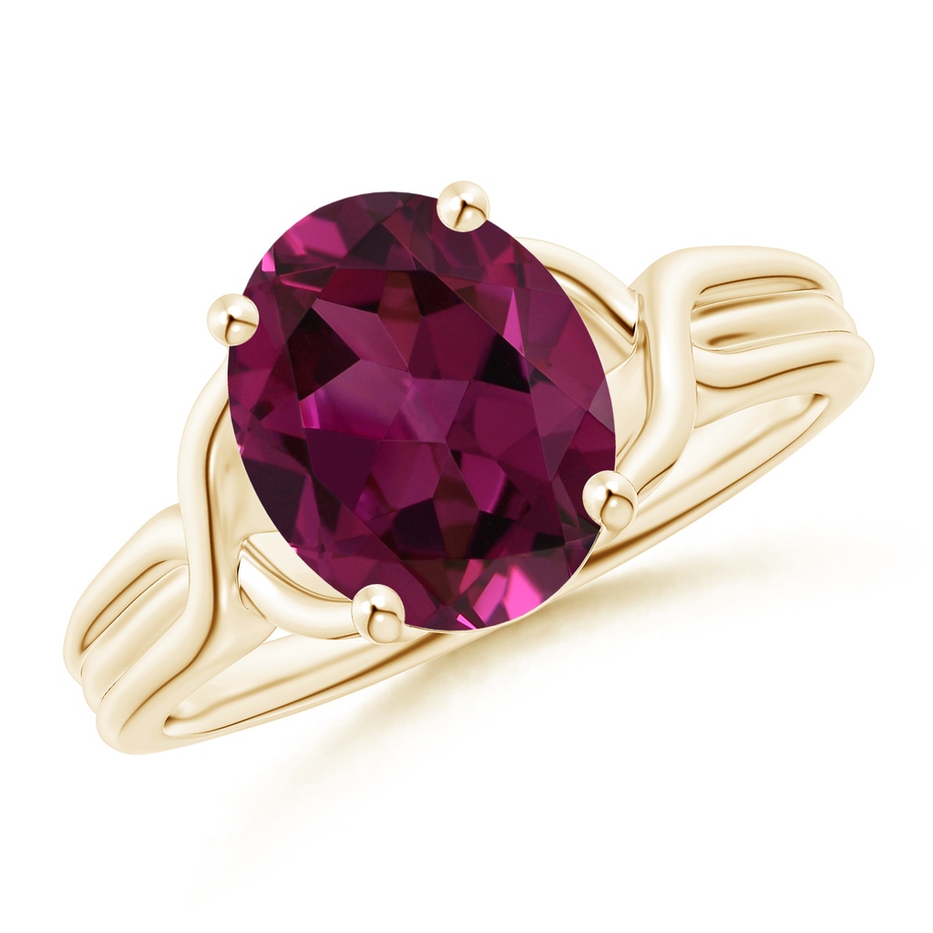 10x8mm AAAA Classic Oval Rhodolite Criss-Cross Cocktail Ring in Yellow Gold