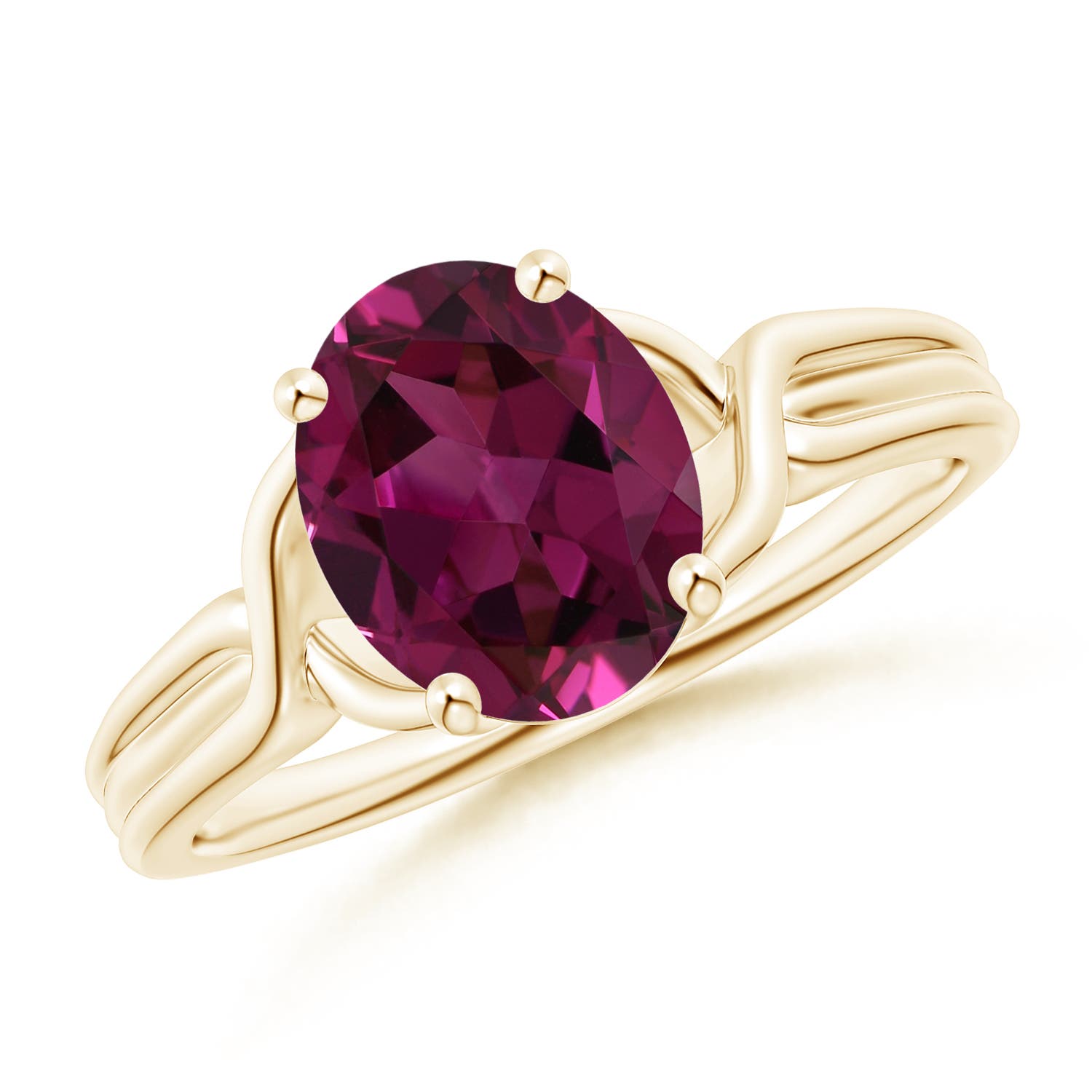 9x7mm AAAA Classic Oval Rhodolite Criss-Cross Cocktail Ring in 18K Yellow Gold