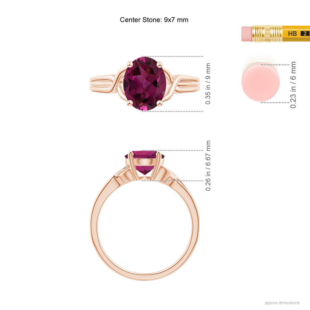 9x7mm AAAA Classic Oval Rhodolite Criss-Cross Cocktail Ring in Rose Gold Ruler