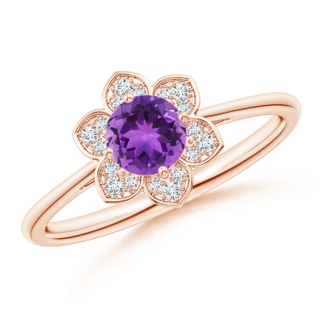 5mm AAA Round Amethyst Cocktail Ring with Floral Diamond Halo in Rose Gold