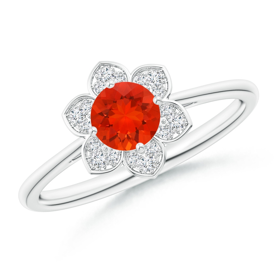 5mm AAAA Round Fire Opal Cocktail Ring with Floral Diamond Halo in P950 Platinum 