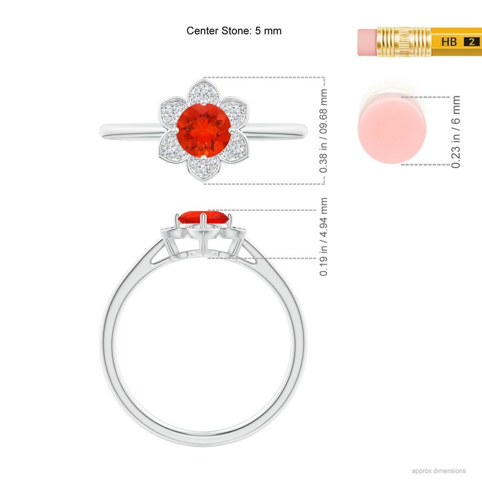 5mm AAAA Round Fire Opal Cocktail Ring with Floral Diamond Halo in P950 Platinum ruler
