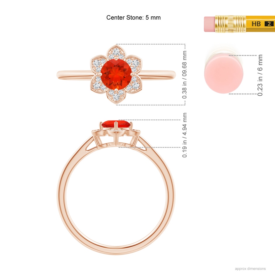 5mm AAAA Round Fire Opal Cocktail Ring with Floral Diamond Halo in Rose Gold ruler