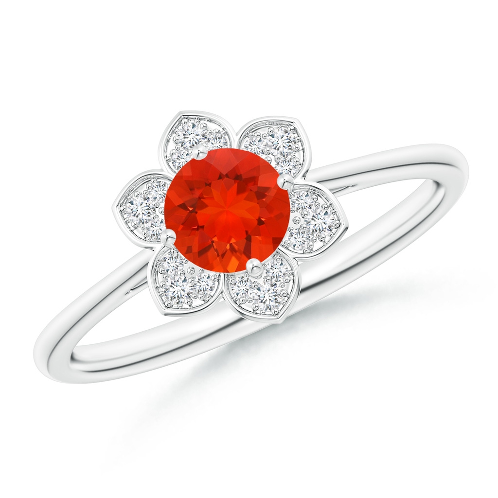 5mm AAAA Round Fire Opal Cocktail Ring with Floral Diamond Halo in White Gold