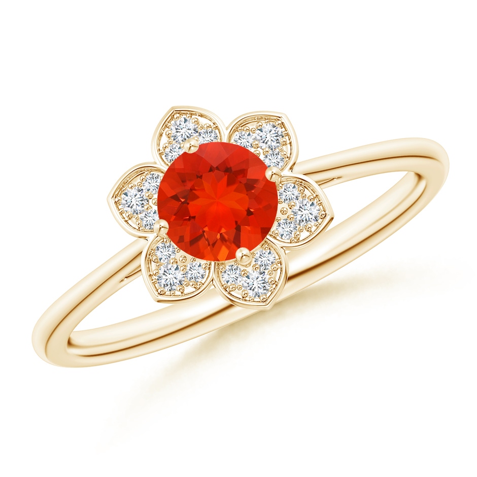 5mm AAAA Round Fire Opal Cocktail Ring with Floral Diamond Halo in Yellow Gold 