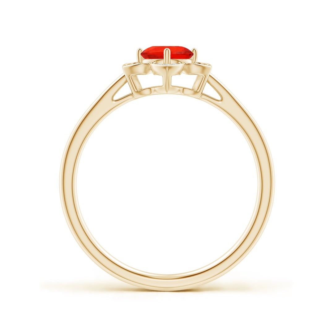5mm AAAA Round Fire Opal Cocktail Ring with Floral Diamond Halo in Yellow Gold - side 1
