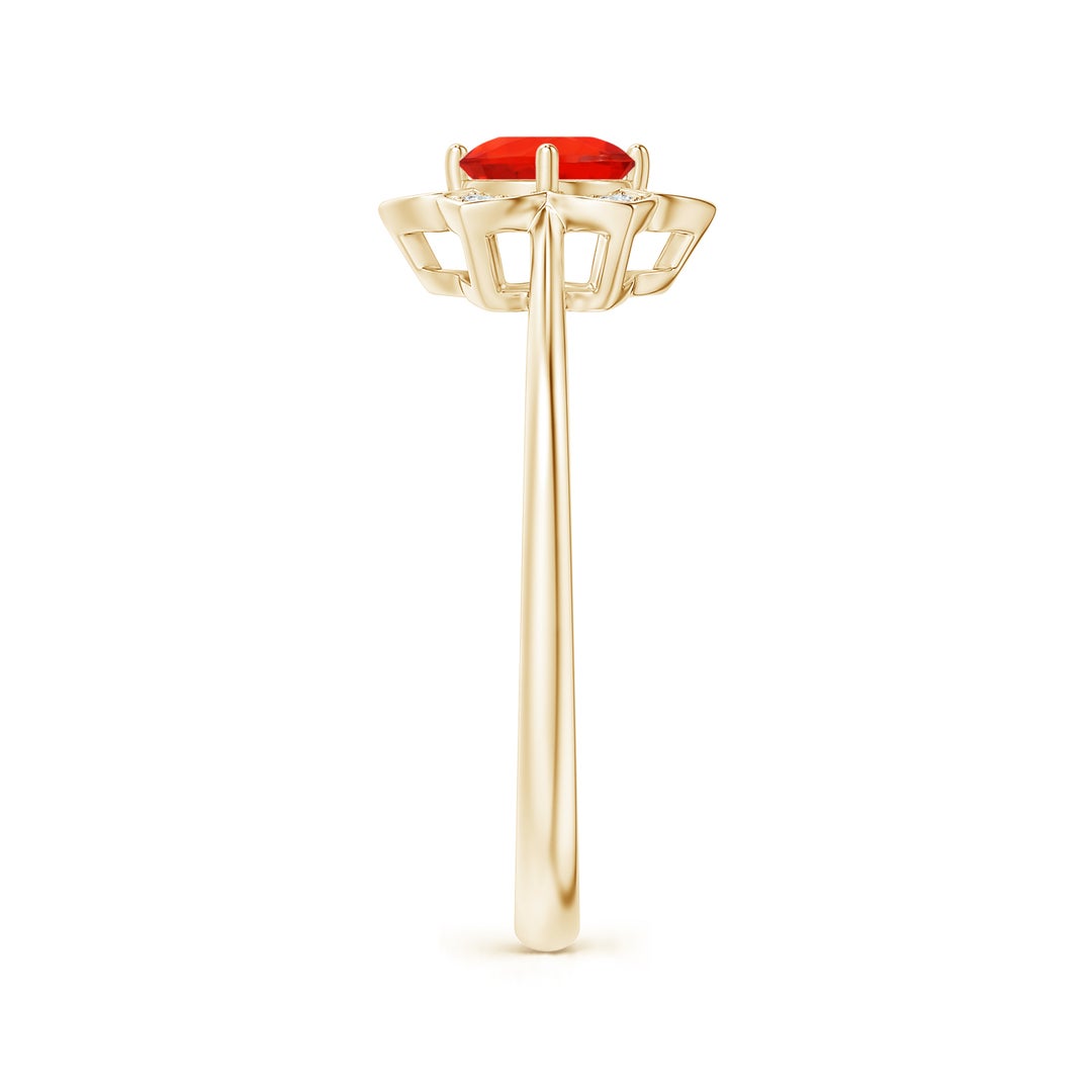 5mm AAAA Round Fire Opal Cocktail Ring with Floral Diamond Halo in Yellow Gold - side 2