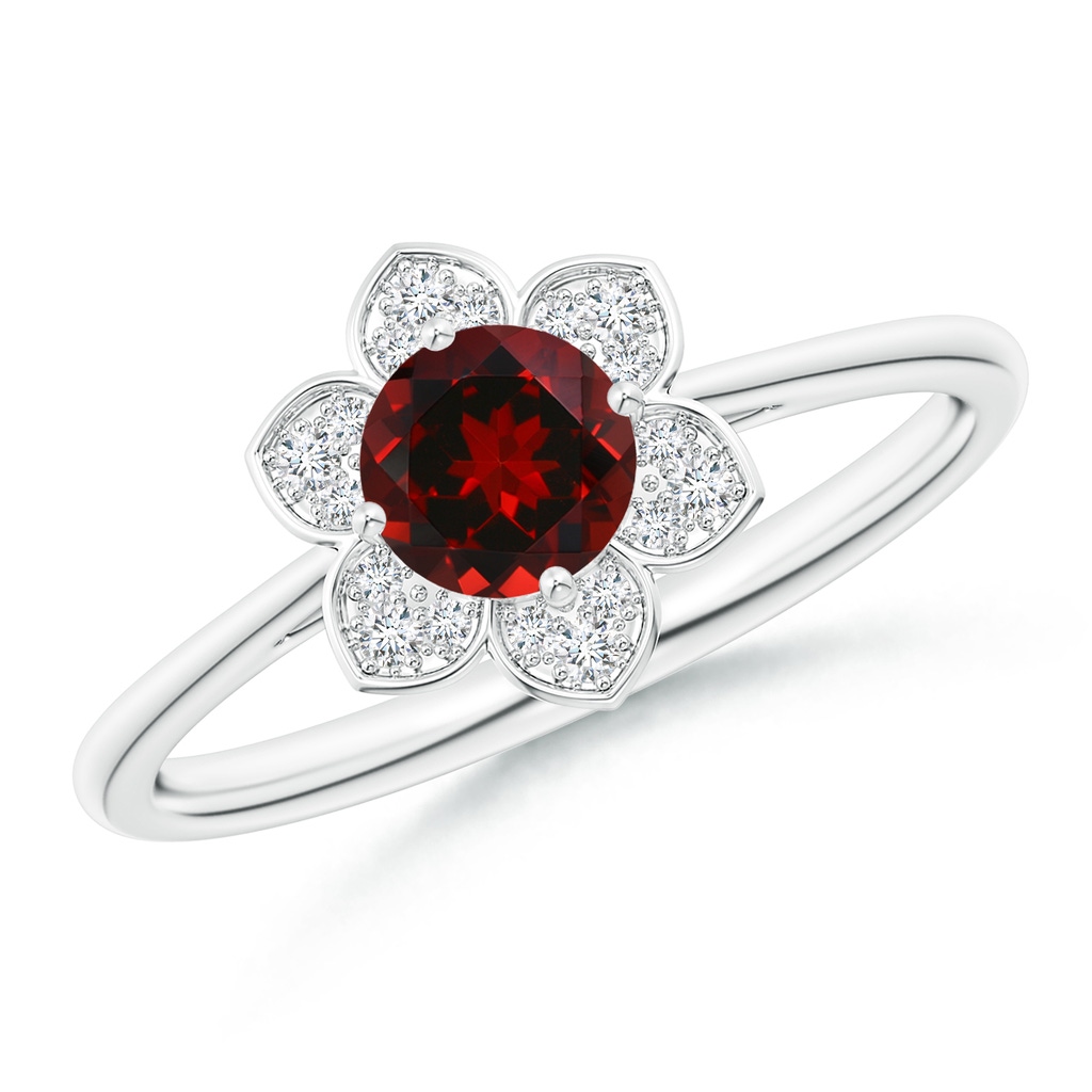 5mm AAAA Round Garnet Cocktail Ring with Floral Diamond Halo in White Gold