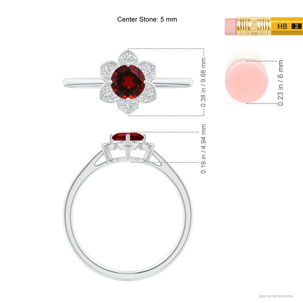 5mm AAAA Round Garnet Cocktail Ring with Floral Diamond Halo in White Gold Ruler