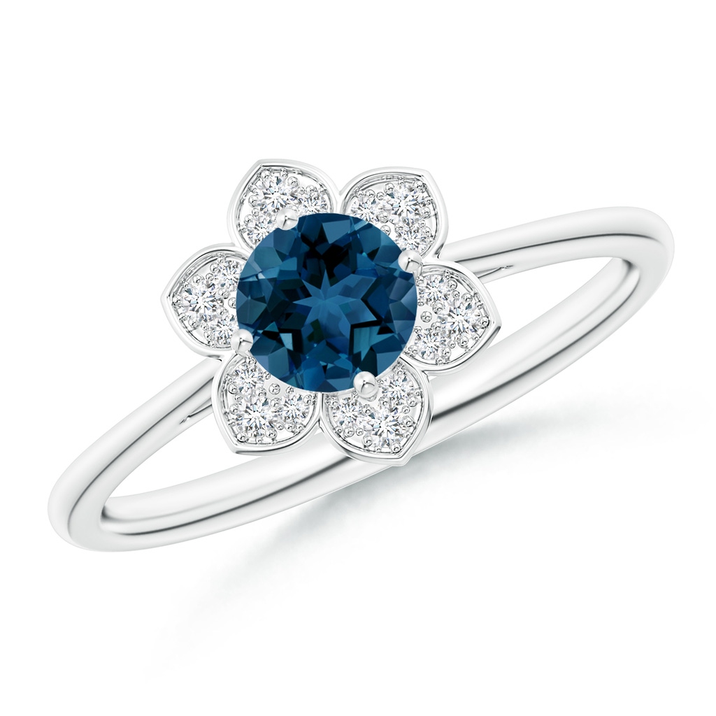 5mm AAA Round London Blue Topaz Ring with Floral Diamond Halo in White Gold