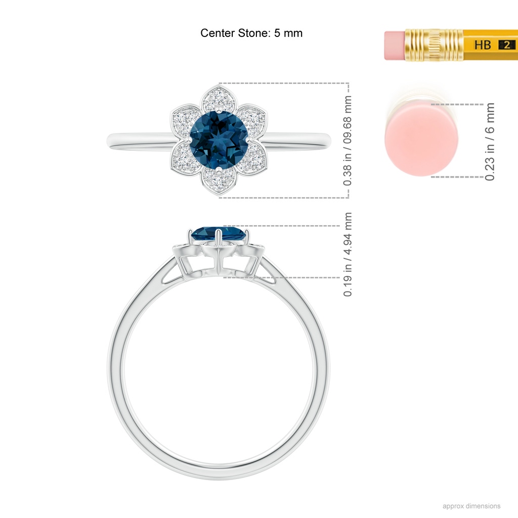 5mm AAA Round London Blue Topaz Ring with Floral Diamond Halo in White Gold Ruler