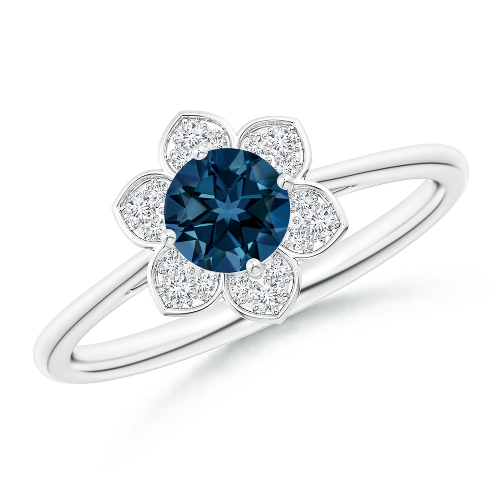 5mm AAAA Round London Blue Topaz Ring with Floral Diamond Halo in White Gold