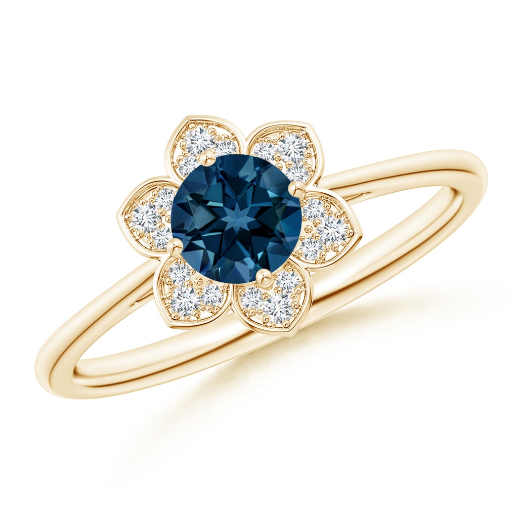 5mm AAAA Round London Blue Topaz Ring with Floral Diamond Halo in Yellow Gold