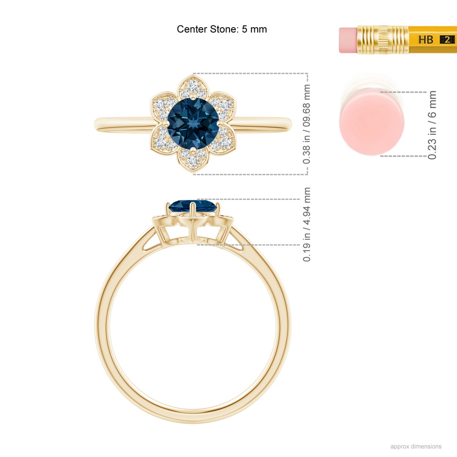 5mm AAAA Round London Blue Topaz Ring with Floral Diamond Halo in Yellow Gold ruler