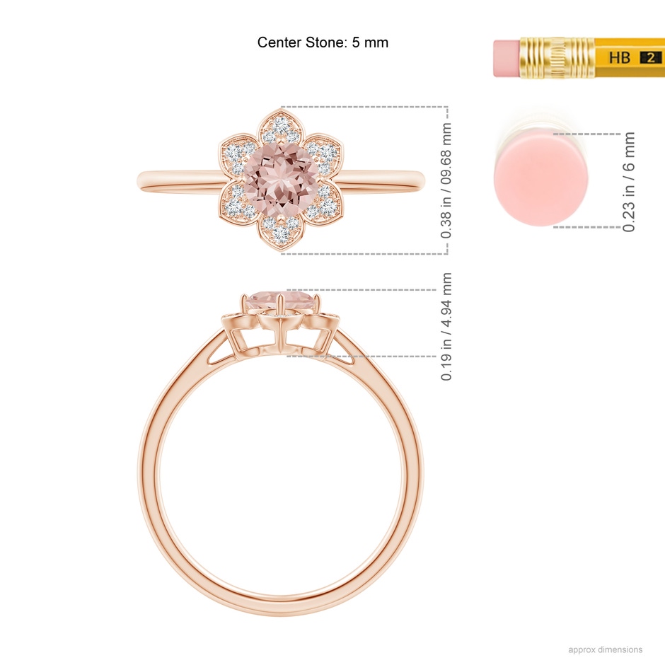 5mm AAAA Round Morganite Cocktail Ring with Floral Diamond Halo in Rose Gold ruler